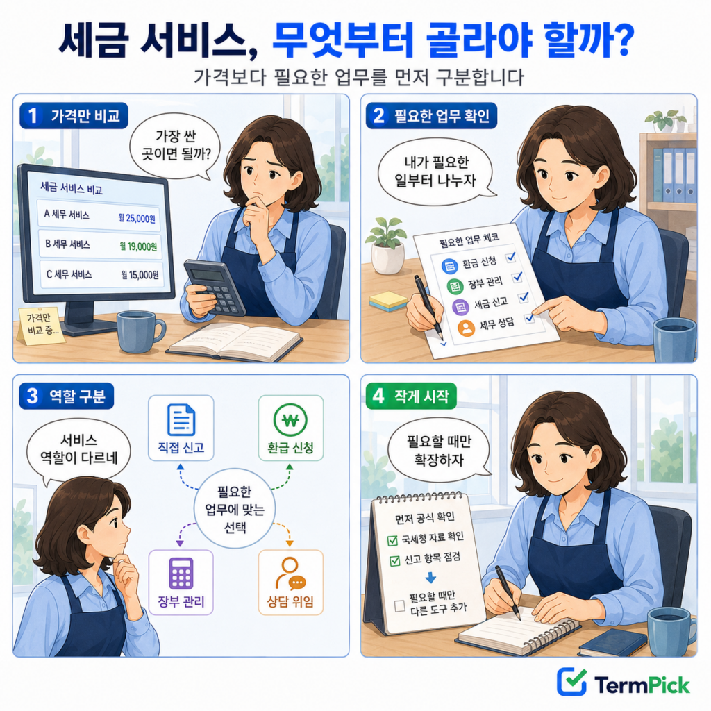 개인사업자가 가격보다 필요한 세무 업무를 먼저 구분하는 4컷 만화