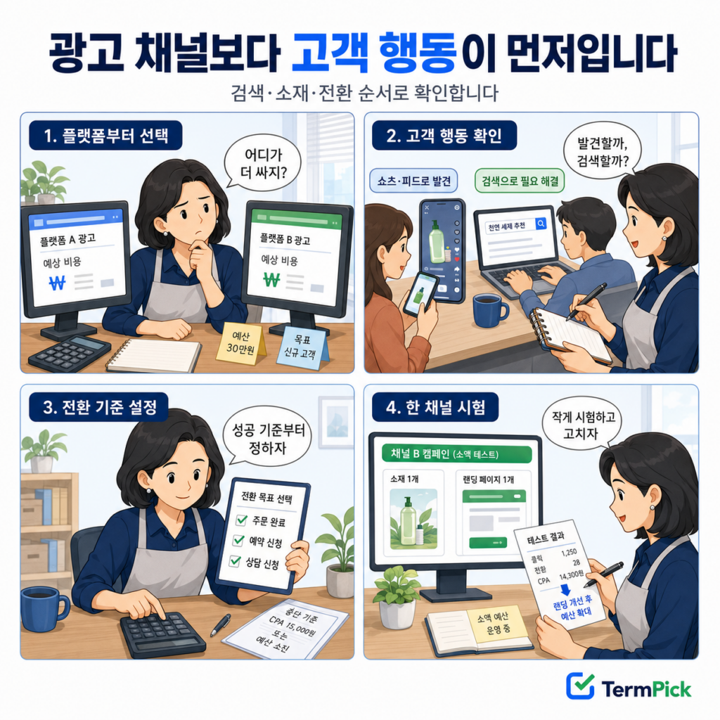 광고 플랫폼 가격부터 비교하던 사업자가 고객 행동과 전환 기준을 확인해 한 채널을 시험하는 4컷 만화