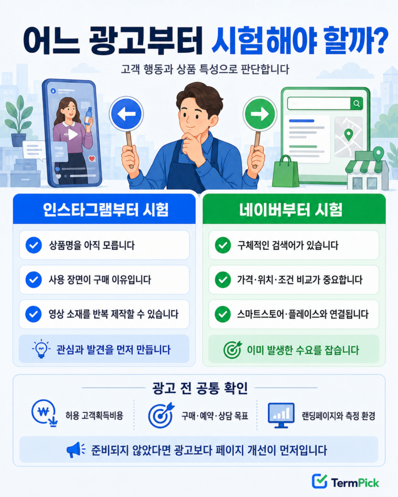 상품 검색 여부와 시각적 설명 가능성을 기준으로 인스타그램 광고와 네이버 광고를 선택하는 조건표
