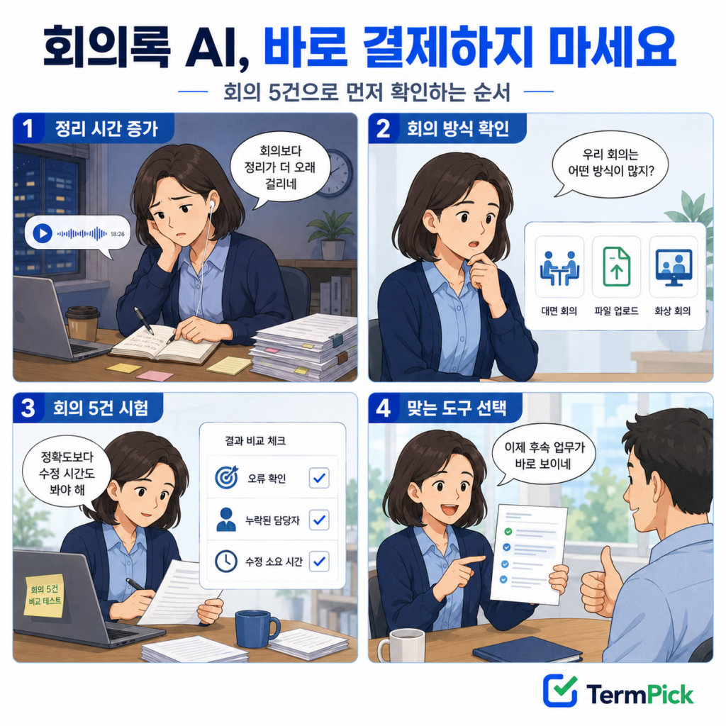 한국어 회의록 도구를 회의 방식 확인과 실제 회의 5건 테스트로 선택하는 4컷 만화