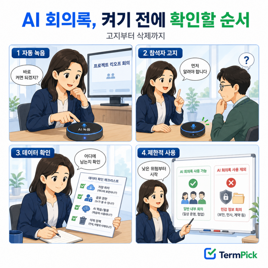 AI 회의록을 켜기 전 참석자 고지와 데이터 저장·삭제 기준을 확인하는 4컷 만화