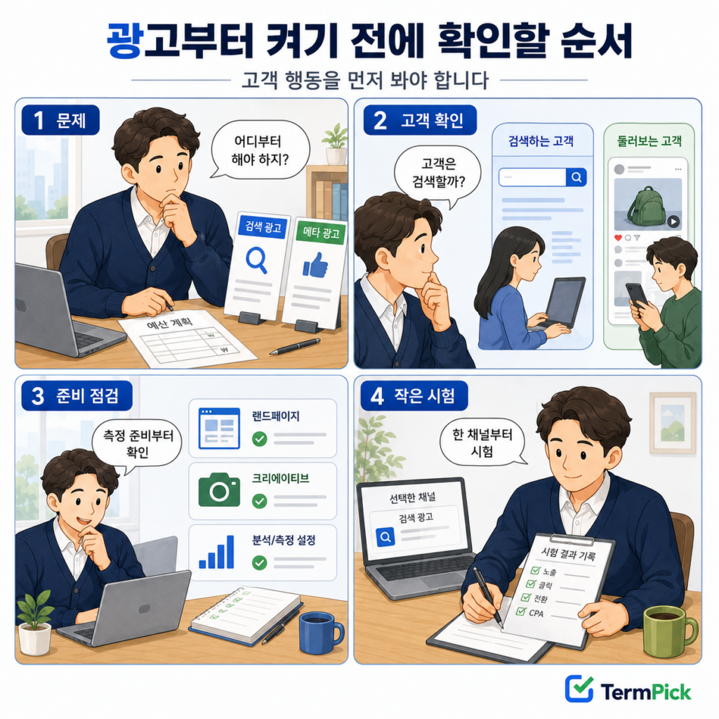 고객 행동과 광고 준비 상태를 확인한 뒤 한 채널부터 시험하는 4컷 만화
