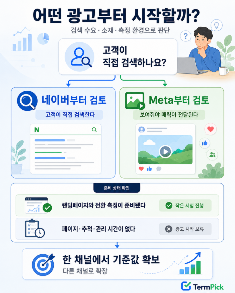검색 수요와 시각적 소재 및 전환 측정 준비 상태에 따른 광고 선택표