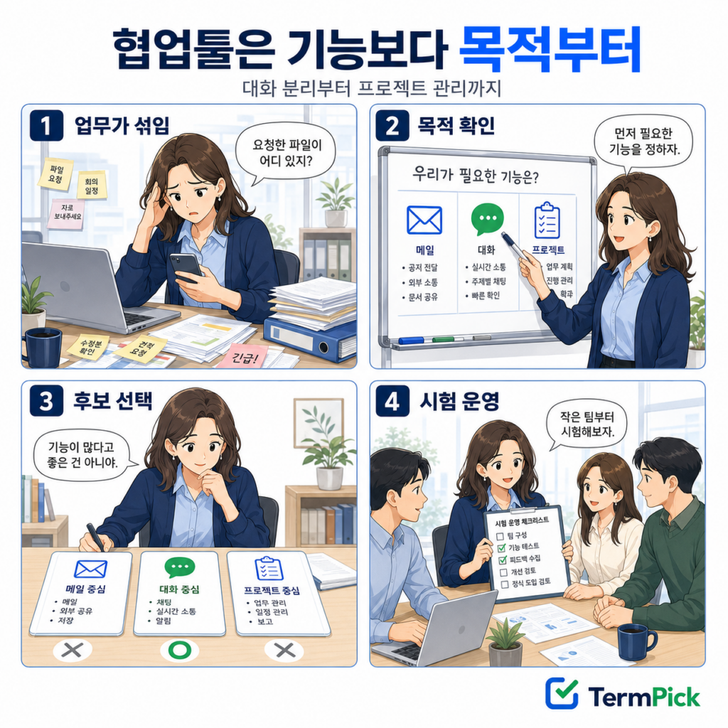 개인 메신저에 섞인 업무를 정리하고 필요한 기능을 선택해 협업툴을 시험하는 4컷 만화