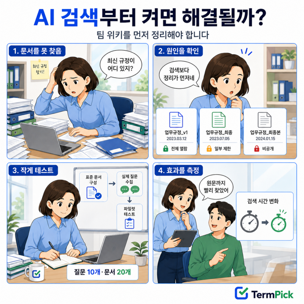 팀 위키 문서를 정리한 뒤 AI 검색 효과를 시험하는 4컷 만화