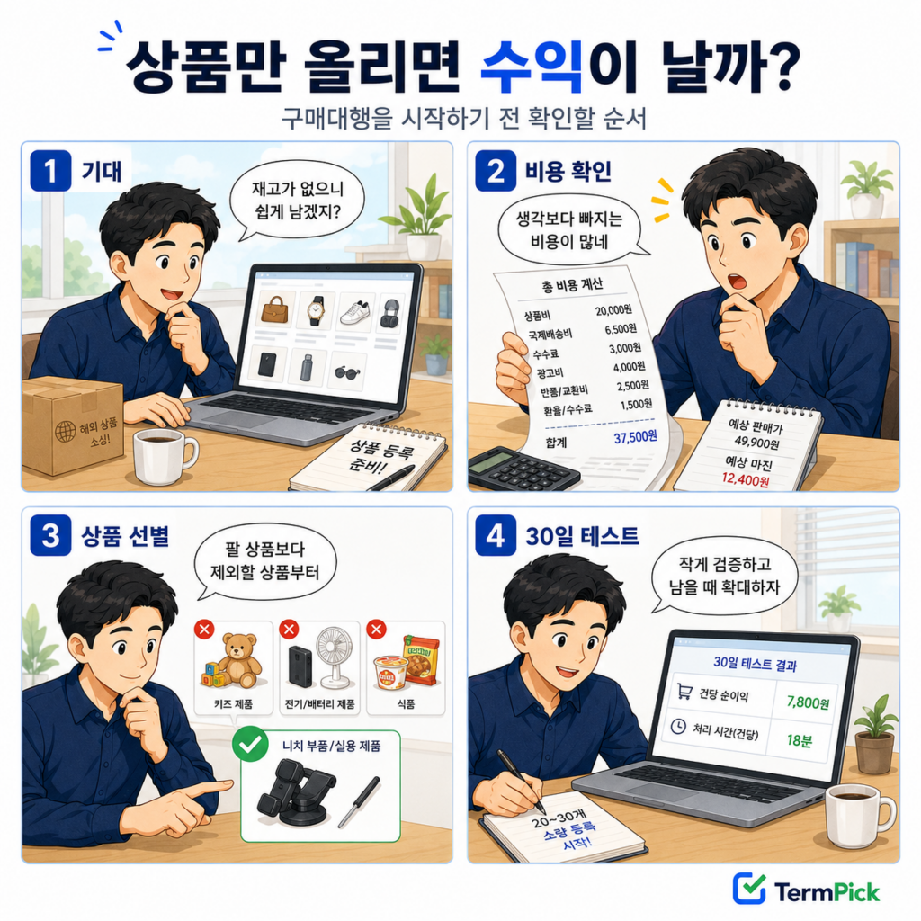 무재고 수익 기대에서 비용 계산과 30일 테스트로 이어지는 구매대행 4컷 만화