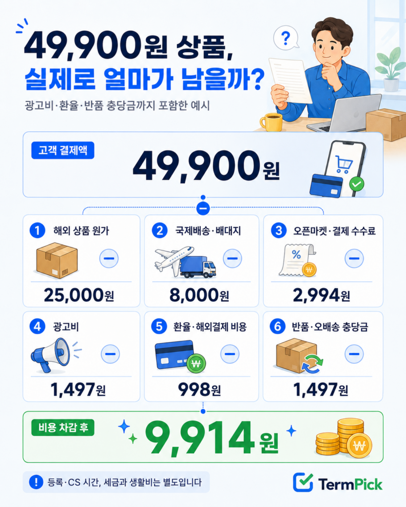 49,900원 판매 상품에서 원가와 배송비 등을 제외한 구매대행 순이익 계산