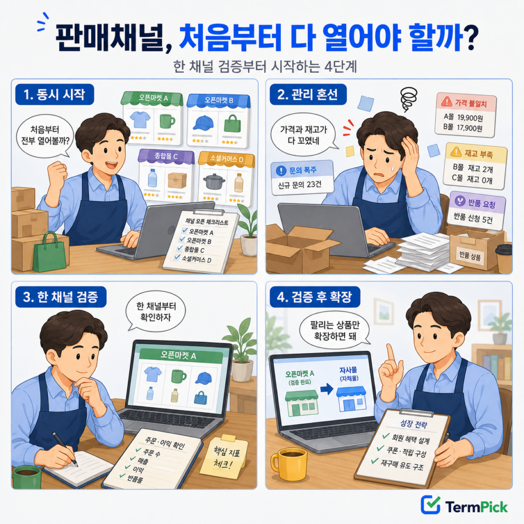 여러 판매채널의 관리 혼선을 줄이고 오픈마켓 한 곳에서 검증한 뒤 자사몰로 확장하는 4컷 만화