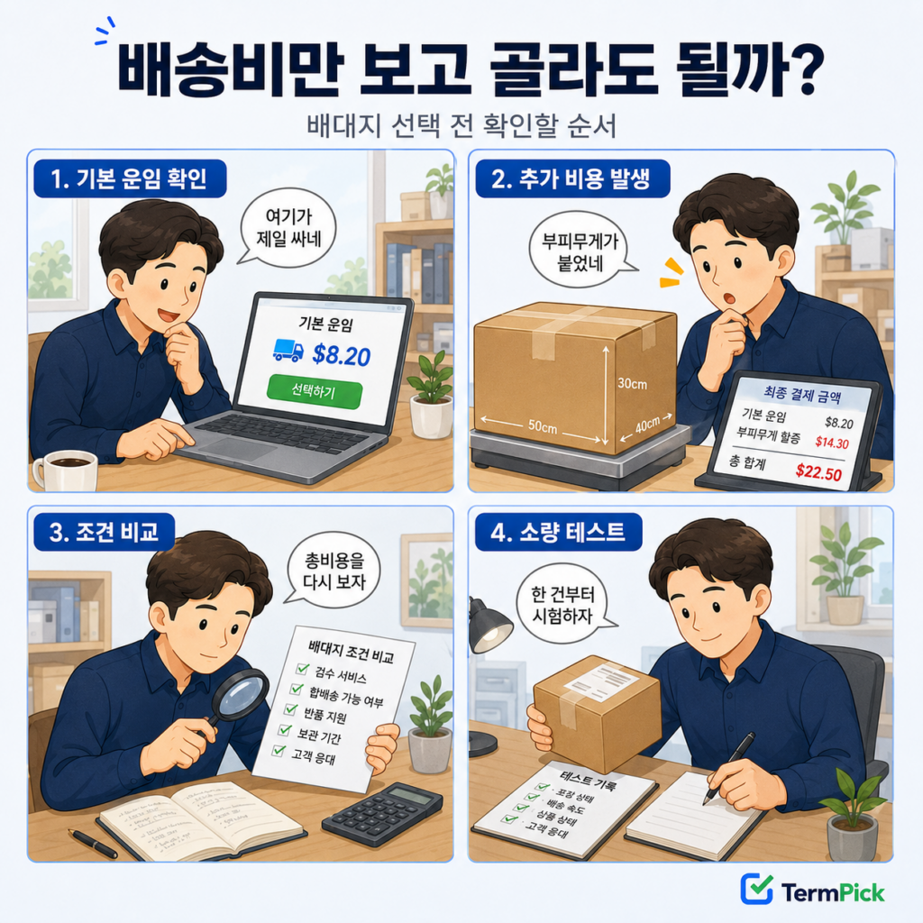 배송비만 보고 배대지를 선택한 판매자가 부피무게와 검수 조건을 확인하는 4컷 만화