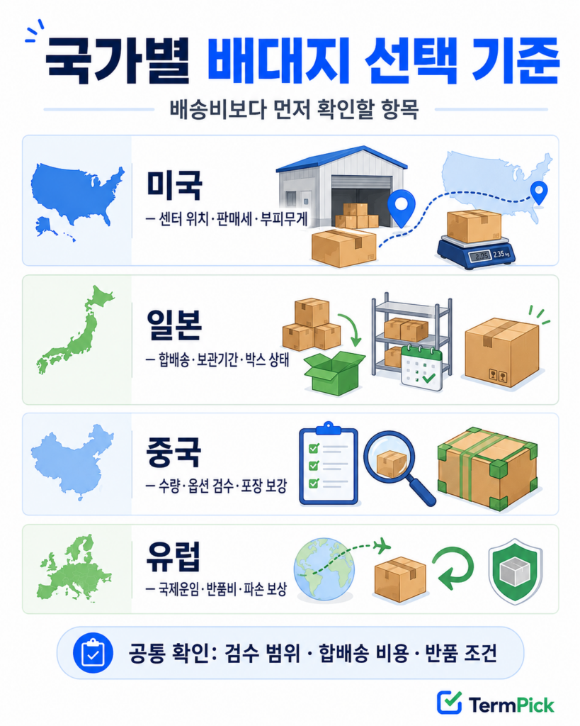 미국 일본 중국 유럽의 국가별 배대지 선택 기준을 정리한 인포그래픽