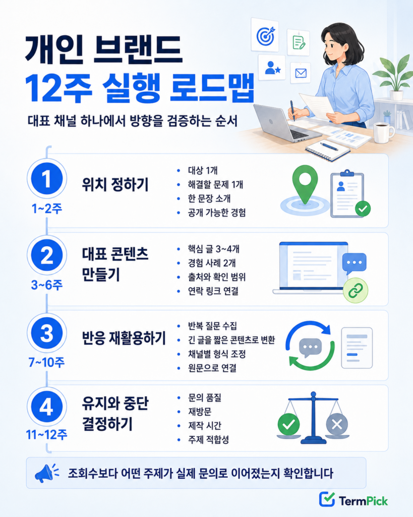대상과 문제 설정부터 대표 콘텐츠 제작과 성과 점검까지 정리한 개인 브랜드 12주 실행 로드맵