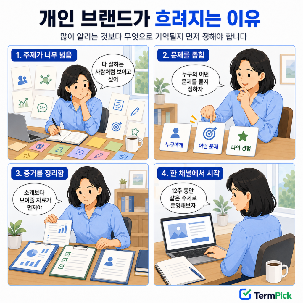 넓은 주제를 대상과 문제로 좁히고 증거를 정리해 대표 채널에서 시작하는 4컷 만화