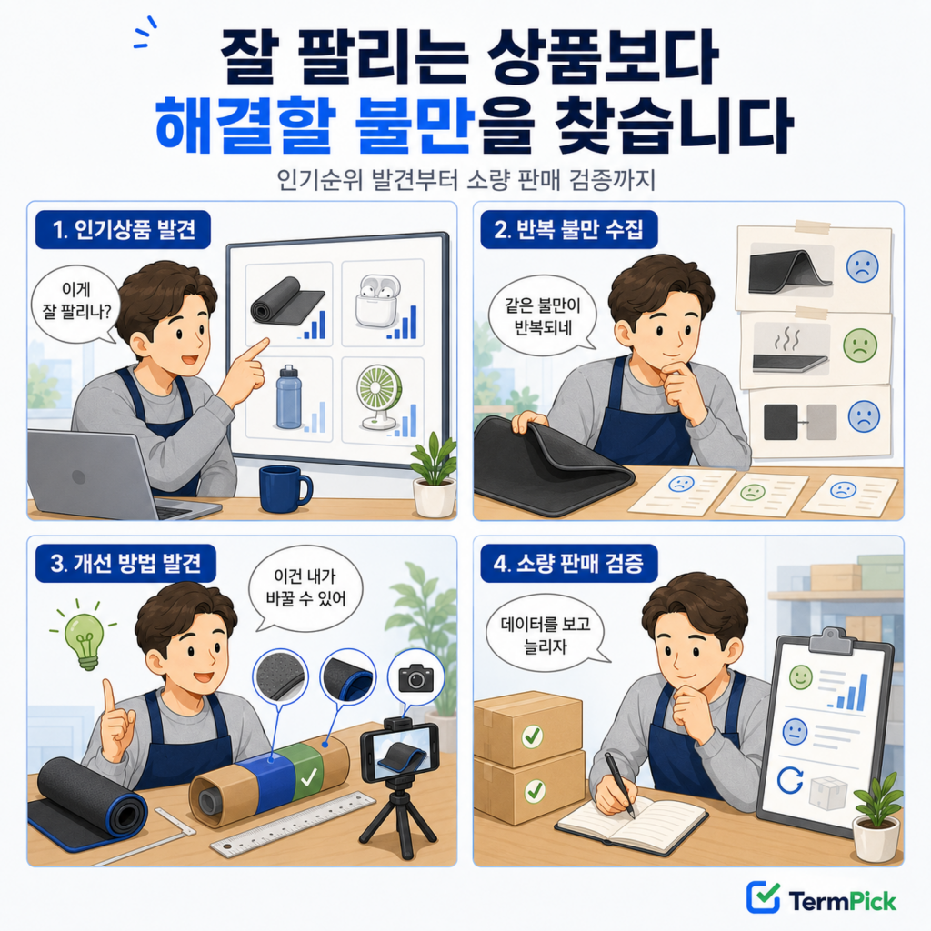 도매 인기상품을 바로 판매하지 않고 리뷰 불만을 찾아 개선한 뒤 소량 판매하는 4컷 만화