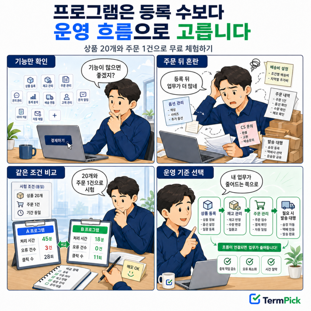 구매대행 솔루션을 상품 20개와 주문 1건으로 비교하는 4단계 만화