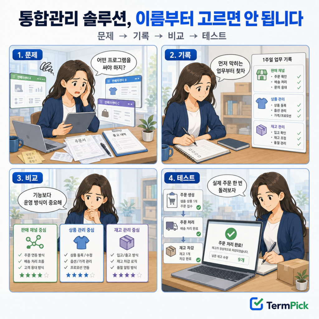 쇼핑몰 통합관리 솔루션을 업무 병목과 실제 테스트로 선택하는 4컷 만화