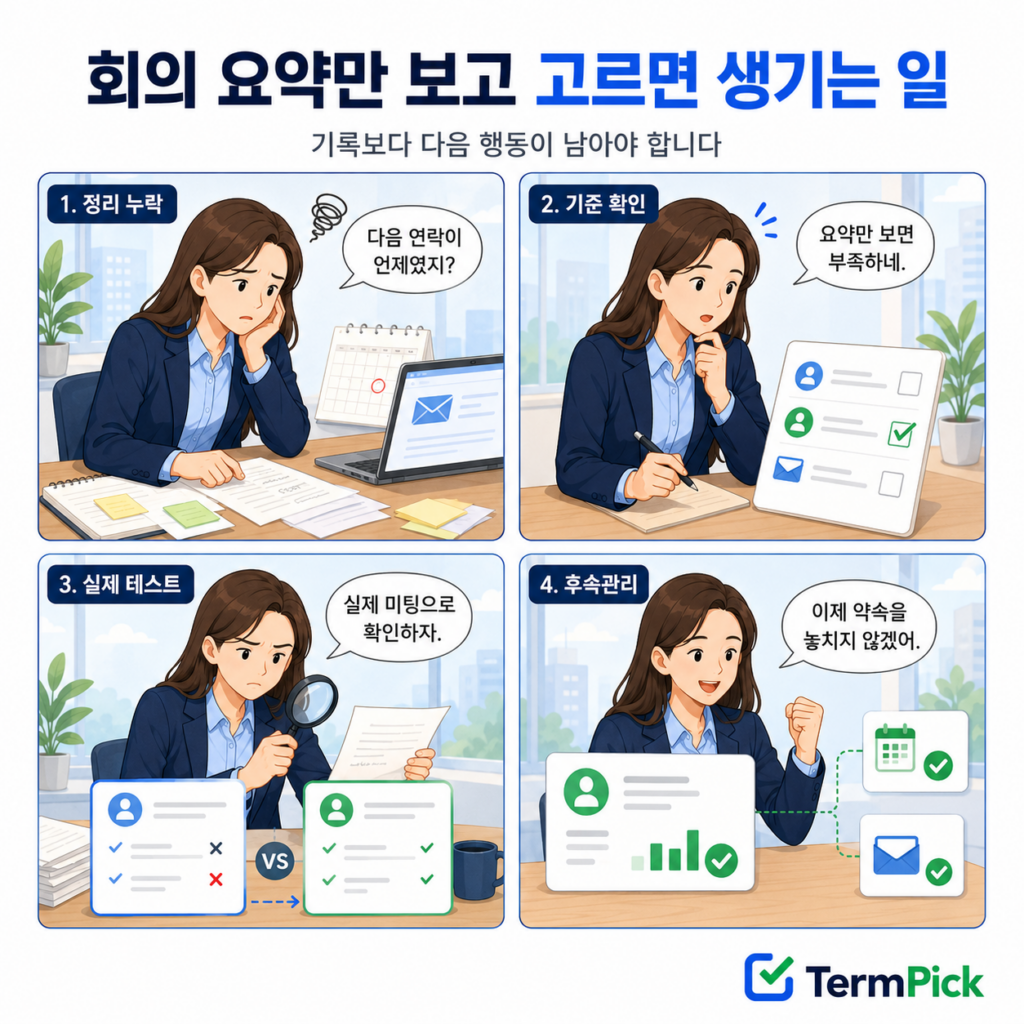 영업 미팅 후 정리 누락부터 CRM 기록과 후속 연락까지 보여주는 4컷 만화