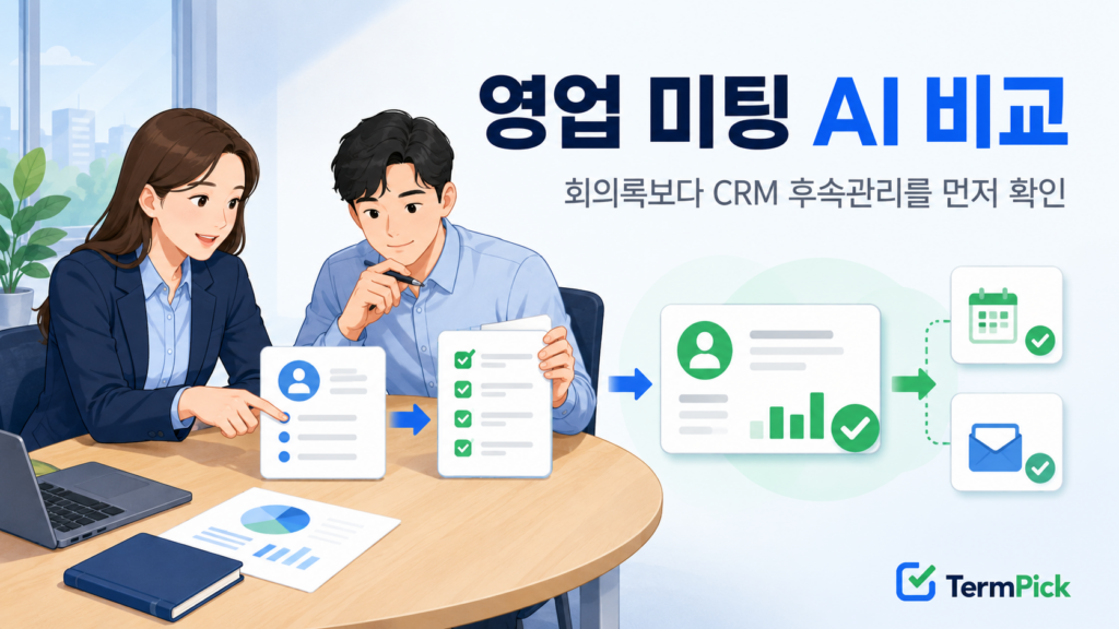 영업 미팅 AI 도구의 회의 요약과 CRM 후속관리 흐름을 비교하는 장면
