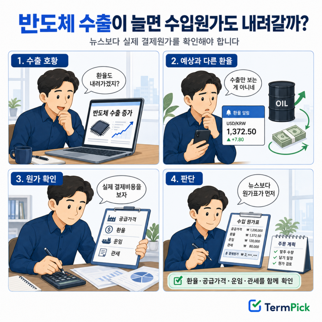 반도체 수출 증가 뉴스를 본 사업자가 환율과 운임·관세를 확인하는 4컷 만화