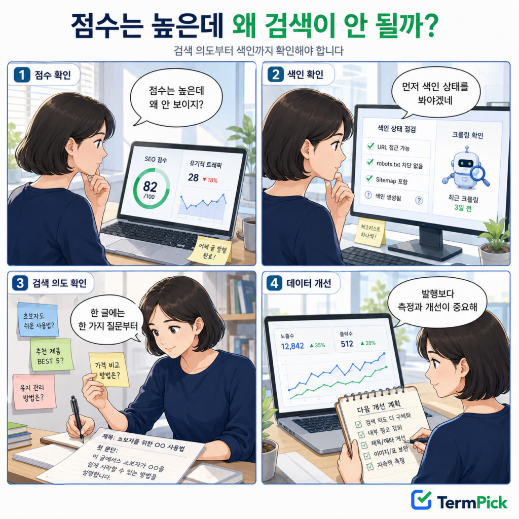SEO 점수보다 검색 의도와 색인 상태를 먼저 확인하는 과정을 설명한 4컷 만화