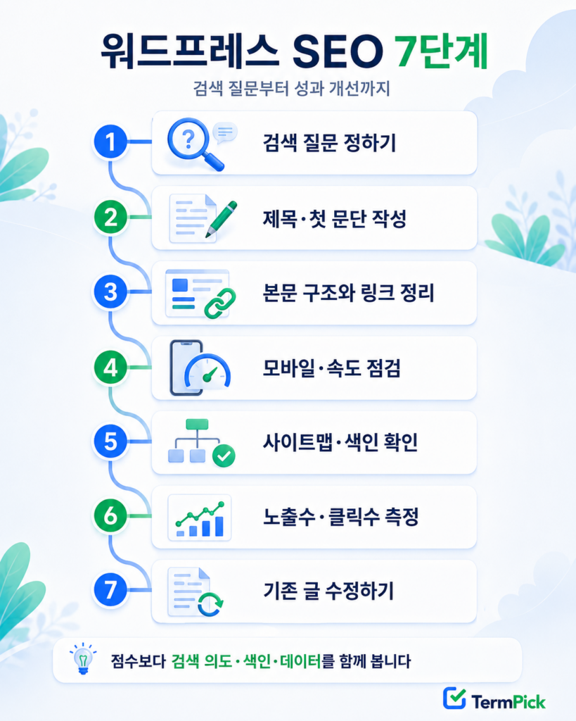 검색 질문 설정부터 색인과 성과 개선까지 정리한 워드프레스 SEO 7단계