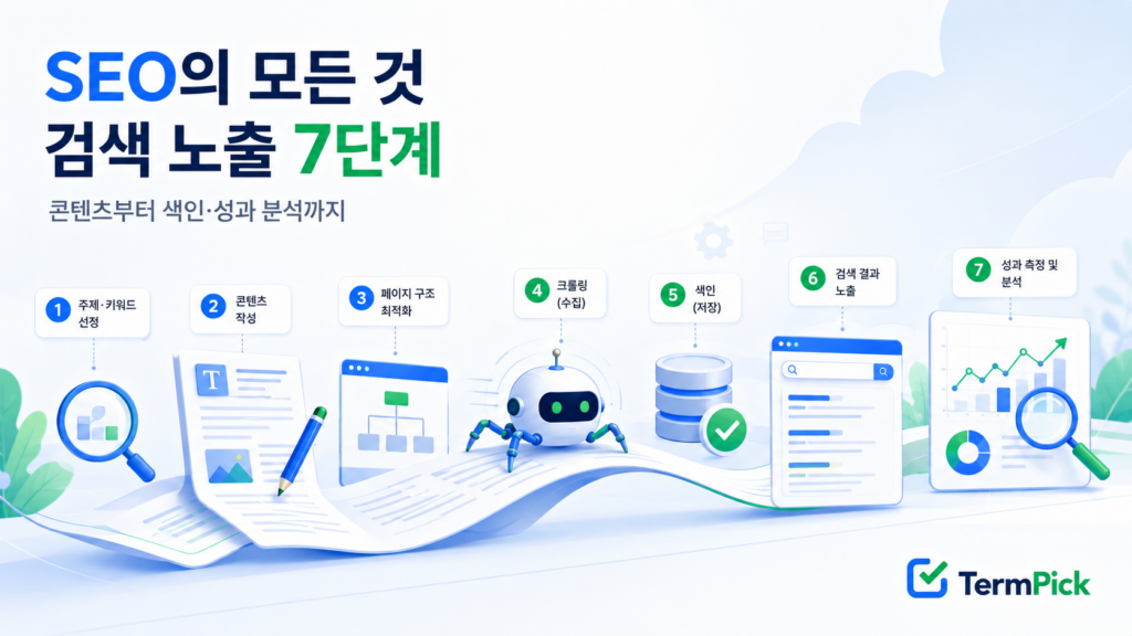 SEO의 모든 것을 구글·네이버 검색 노출 7단계로 정리한 안내 이미지