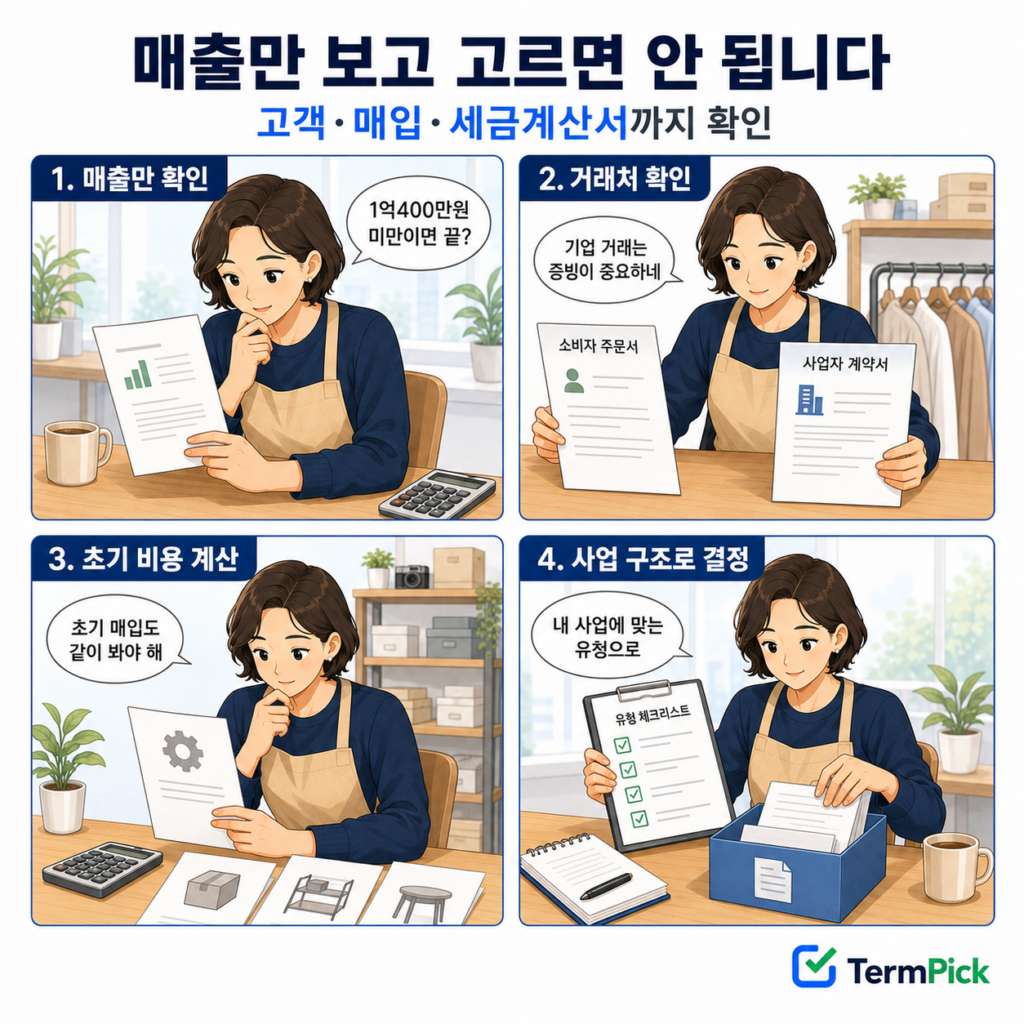 매출과 거래처, 초기 비용을 확인해 과세유형을 선택하는 4컷 만화