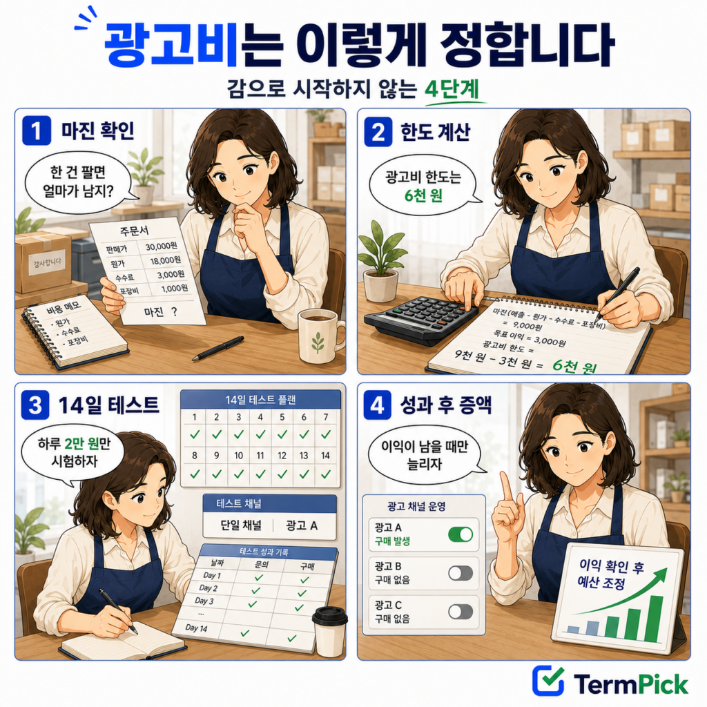 마진 확인부터 14일 광고 테스트와 예산 증액까지 보여주는 4컷 만화