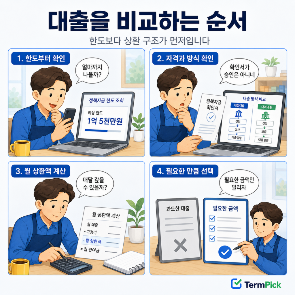 정책자금 자격과 월 상환액을 확인한 뒤 필요한 대출 금액을 결정하는 4컷 만화