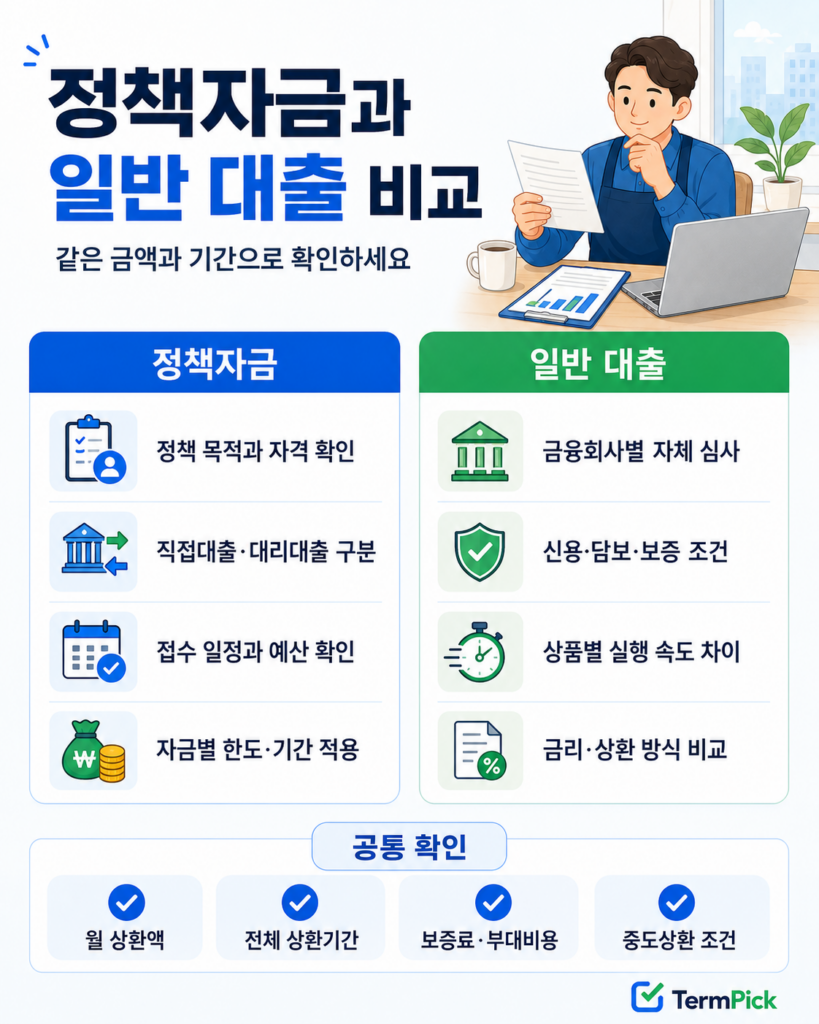 정책자금과 일반 사업자 대출의 신청 방식과 상환 조건 비교표