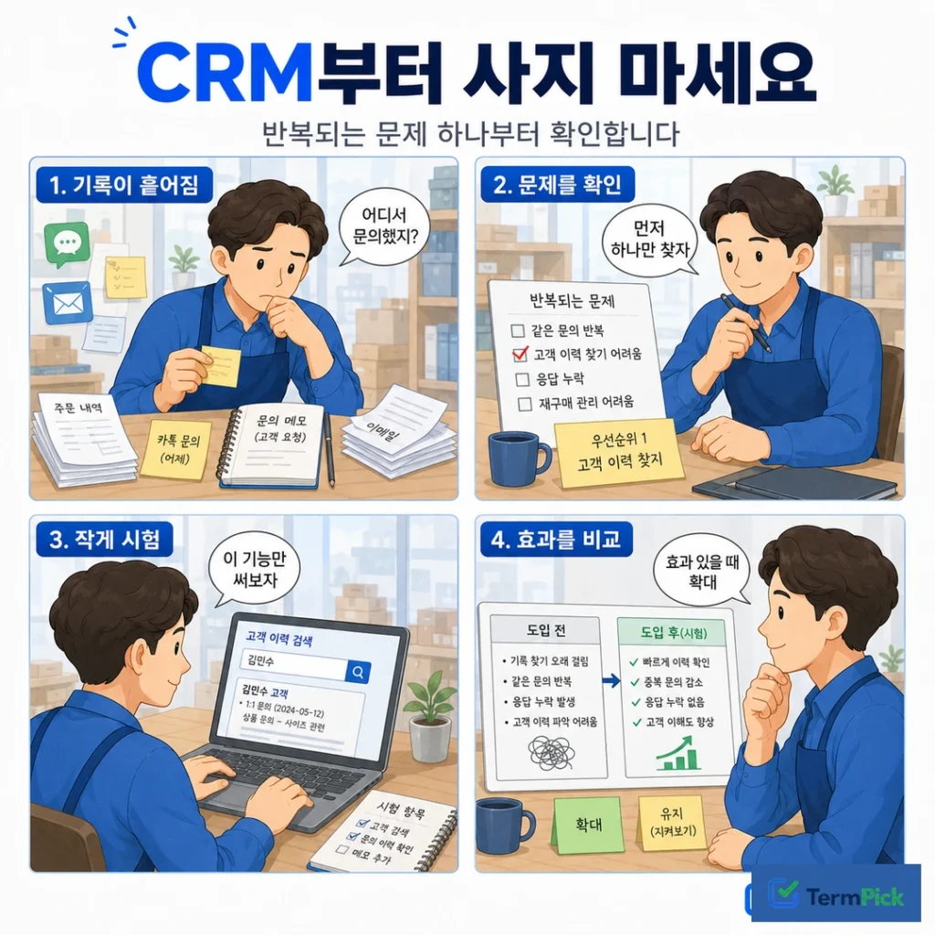 고객관리 문제를 찾고 CRM 기능 하나를 시험한 뒤 도입 여부를 판단하는 4단계 만화