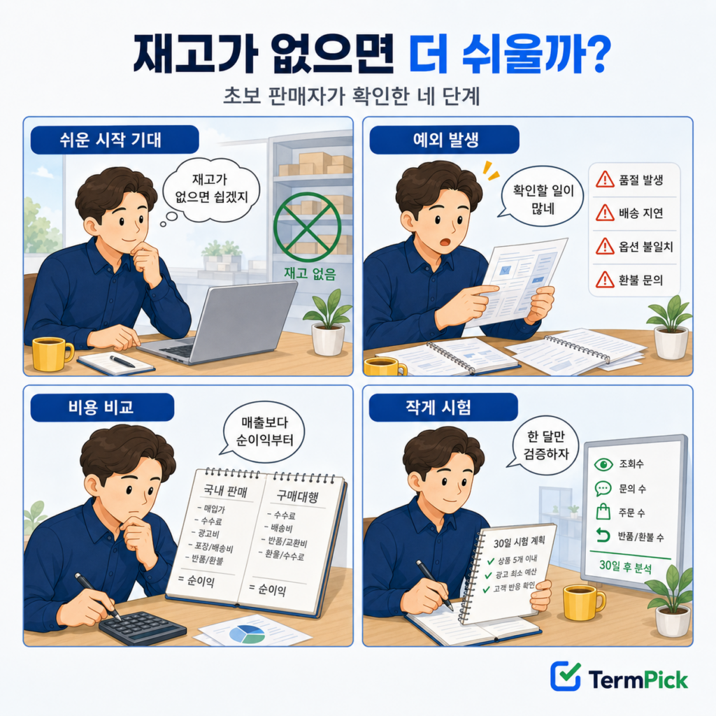 무재고 판매 기대에서 비용 계산과 30일 소규모 테스트로 이어지는 구매대행 과정