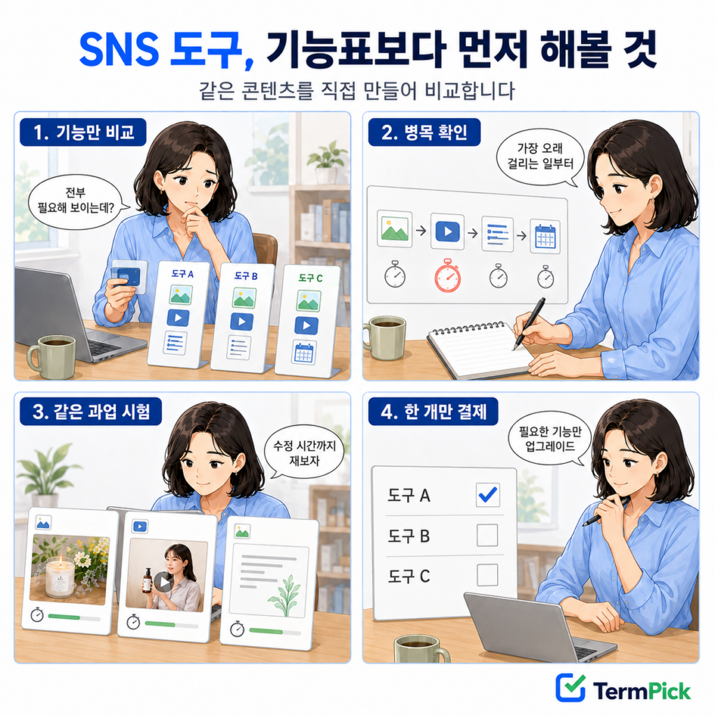 소상공인이 SNS 콘텐츠 도구의 기능표 대신 같은 이미지 영상 캡션을 직접 시험하는 4컷 만화