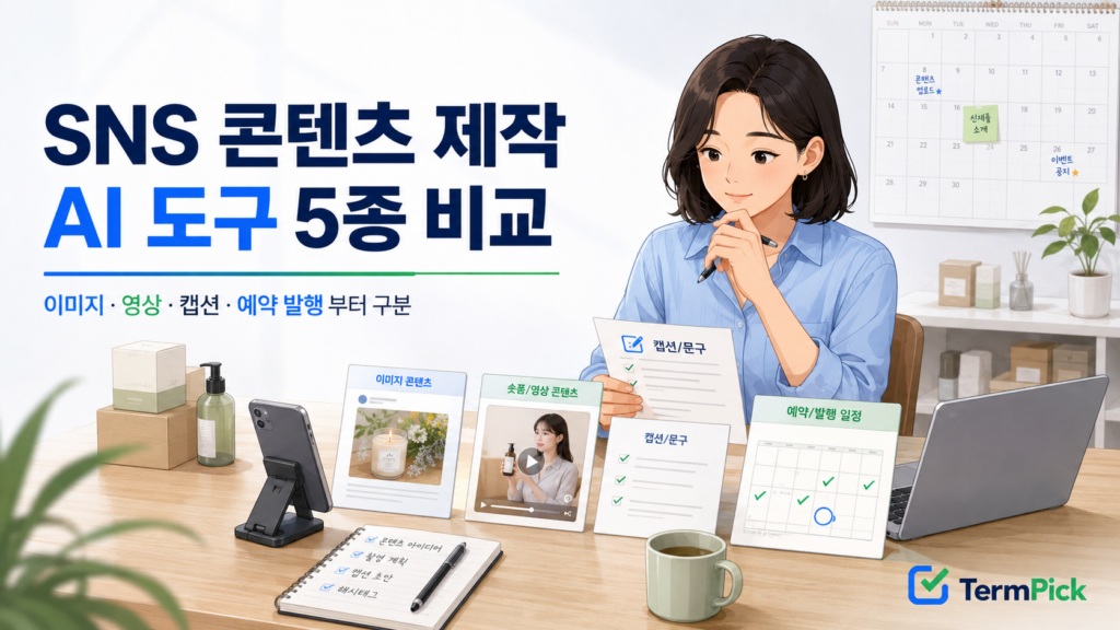 SNS 콘텐츠 제작 AI 도구 비교를 위해 이미지 영상 캡션 예약 발행 작업을 구분하는 소상공인