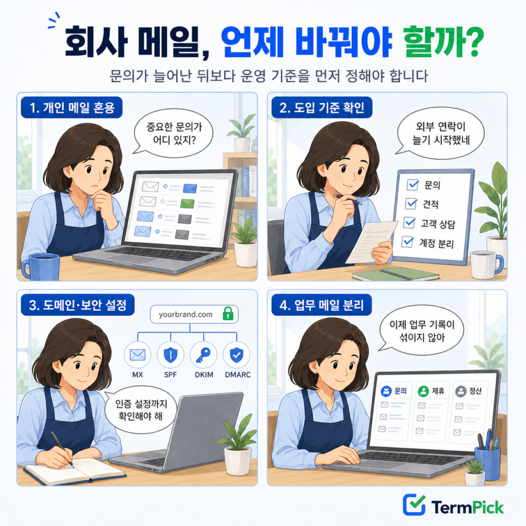 개인 메일 혼용 문제부터 도메인 보안 설정과 업무 메일 분리까지 보여주는 4컷 만화