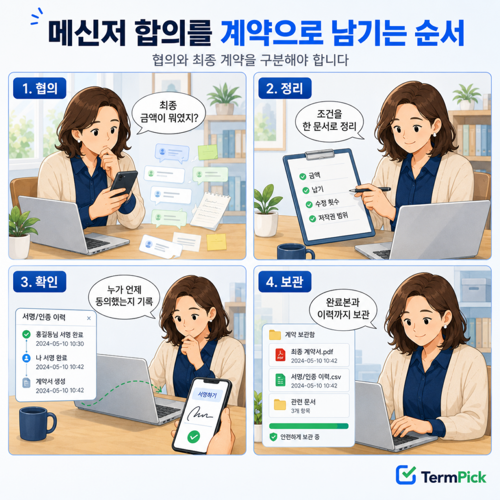 메신저 협의를 계약서로 정리하고 본인확인과 서명 기록을 보관하는 4단계