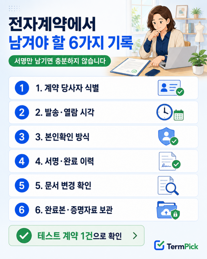 자계약에서 계약 당사자와 본인확인, 서명 이력, 완료 문서를 확인하는 체크리스트