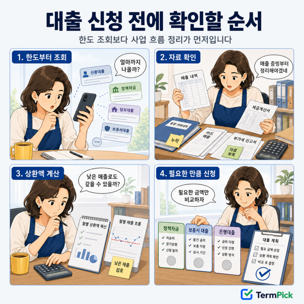 대출 한도 조회부터 매출자료 정리와 월 상환액 계산까지 보여주는 4컷 만화