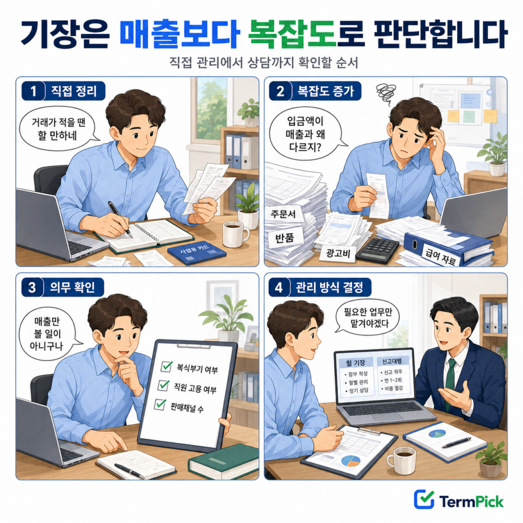 거래 증가에 따라 개인사업자 세무기장 필요성을 확인하고 상담하는 4컷 만화