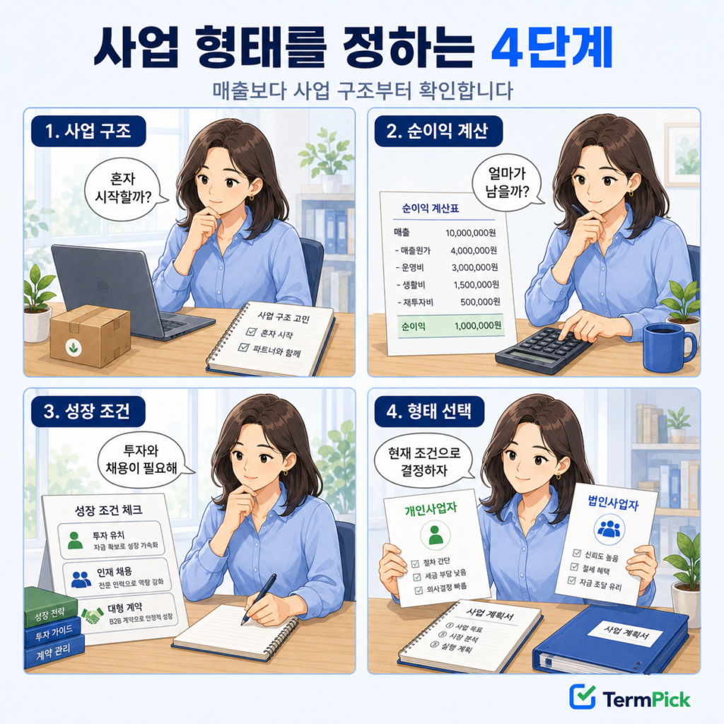 사업 구조와 순이익, 투자·채용 계획을 확인해 개인사업자와 법인사업자를 선택하는 4컷 만화