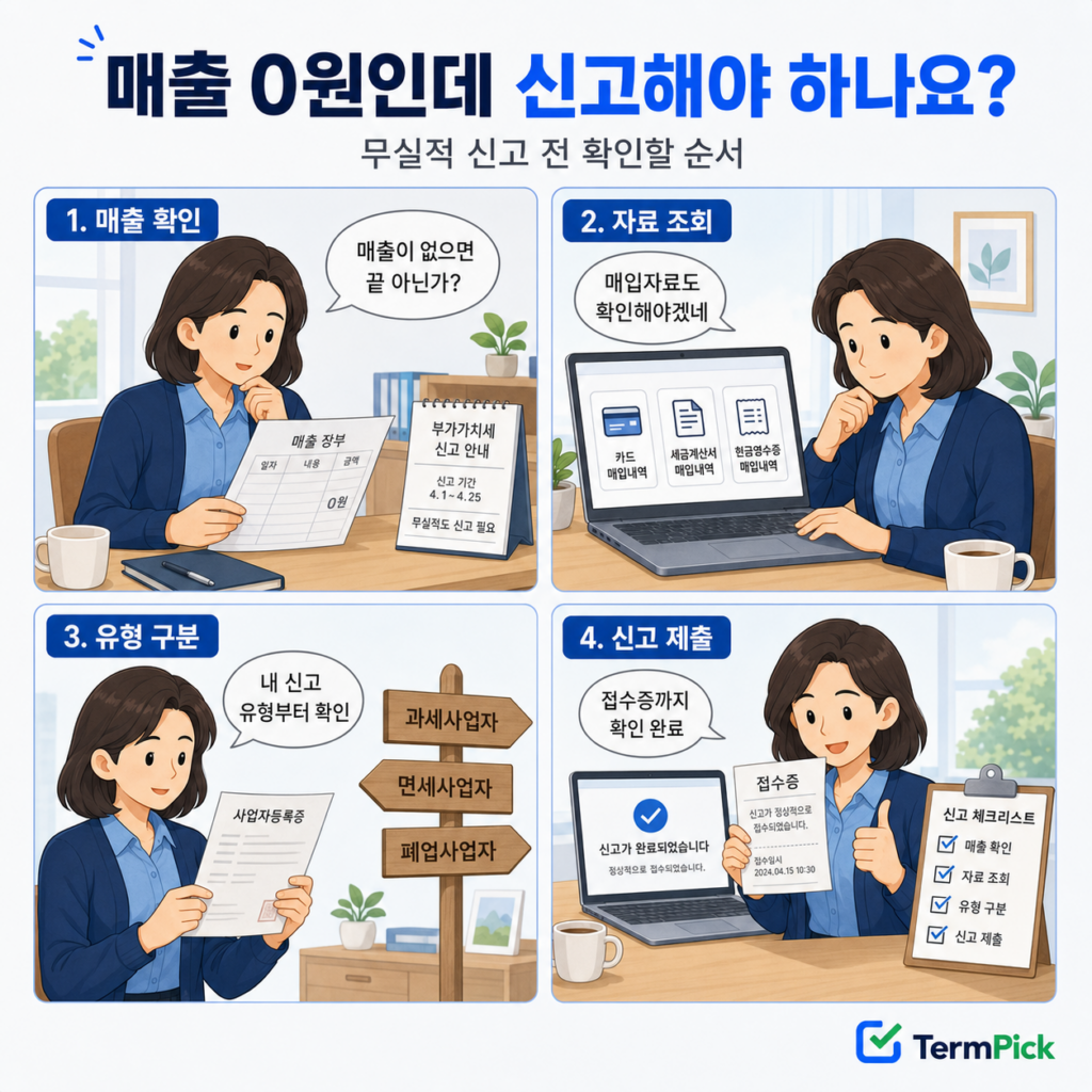 매출 확인부터 접수증 저장까지 부가가치세 무실적 신고 순서를 보여주는 4컷 만화