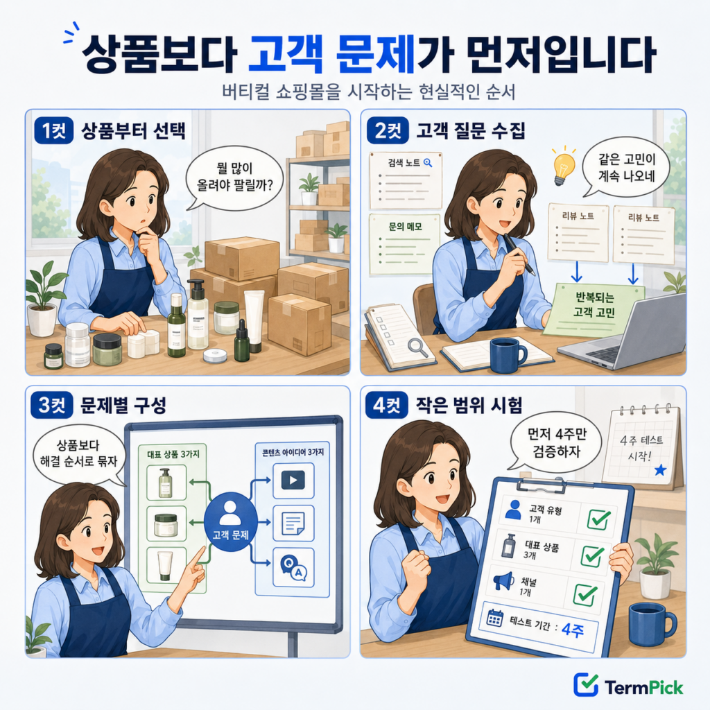 상품 선택부터 고객 질문 수집과 4주 검증까지 보여주는 버티컬 쇼핑몰 4컷 만화