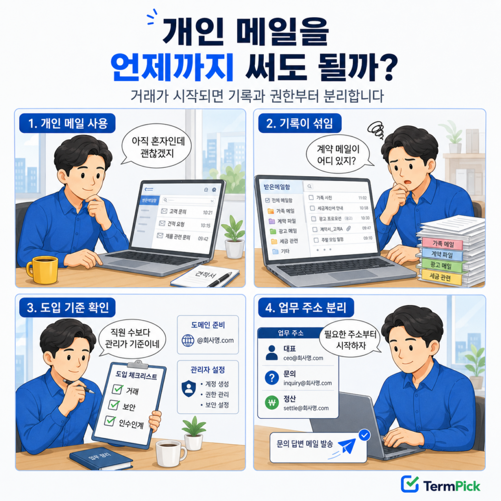 개인 메일 기록이 섞이는 문제를 확인하고 업무용 이메일 주소를 분리하는 4컷 만화