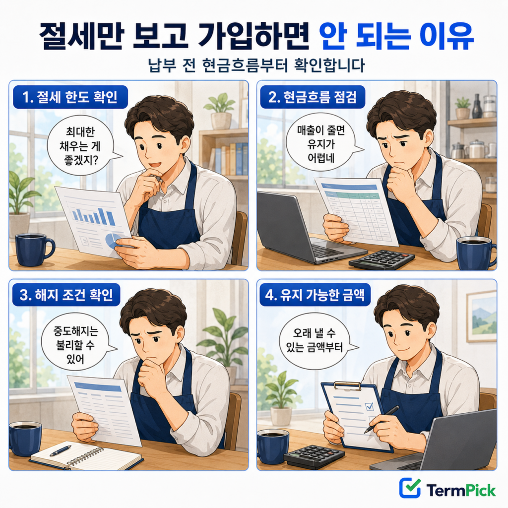 소득공제 한도보다 현금흐름과 해지 조건을 확인하는 노란우산 가입 4컷 만화