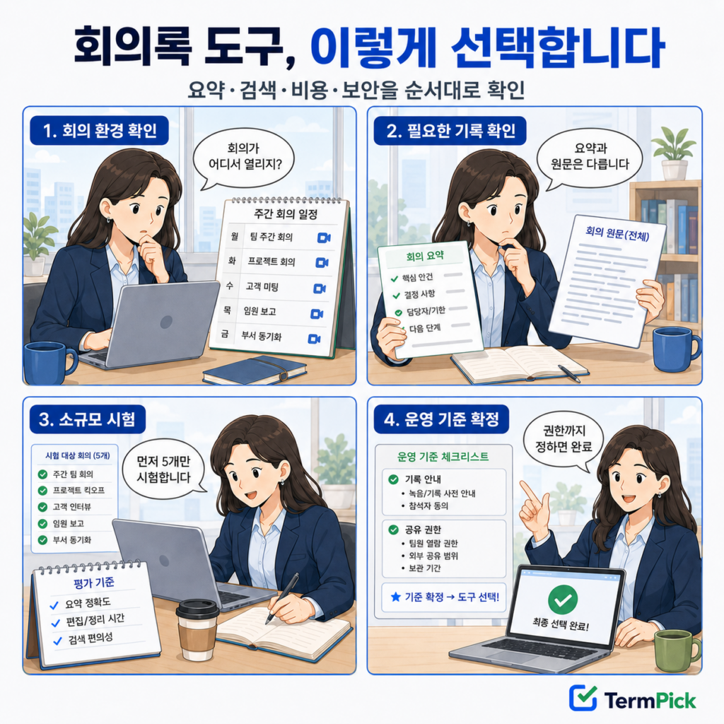회의 환경과 기록 목적을 확인해 AI 회의록 도구를 선택하는 4단계 만화