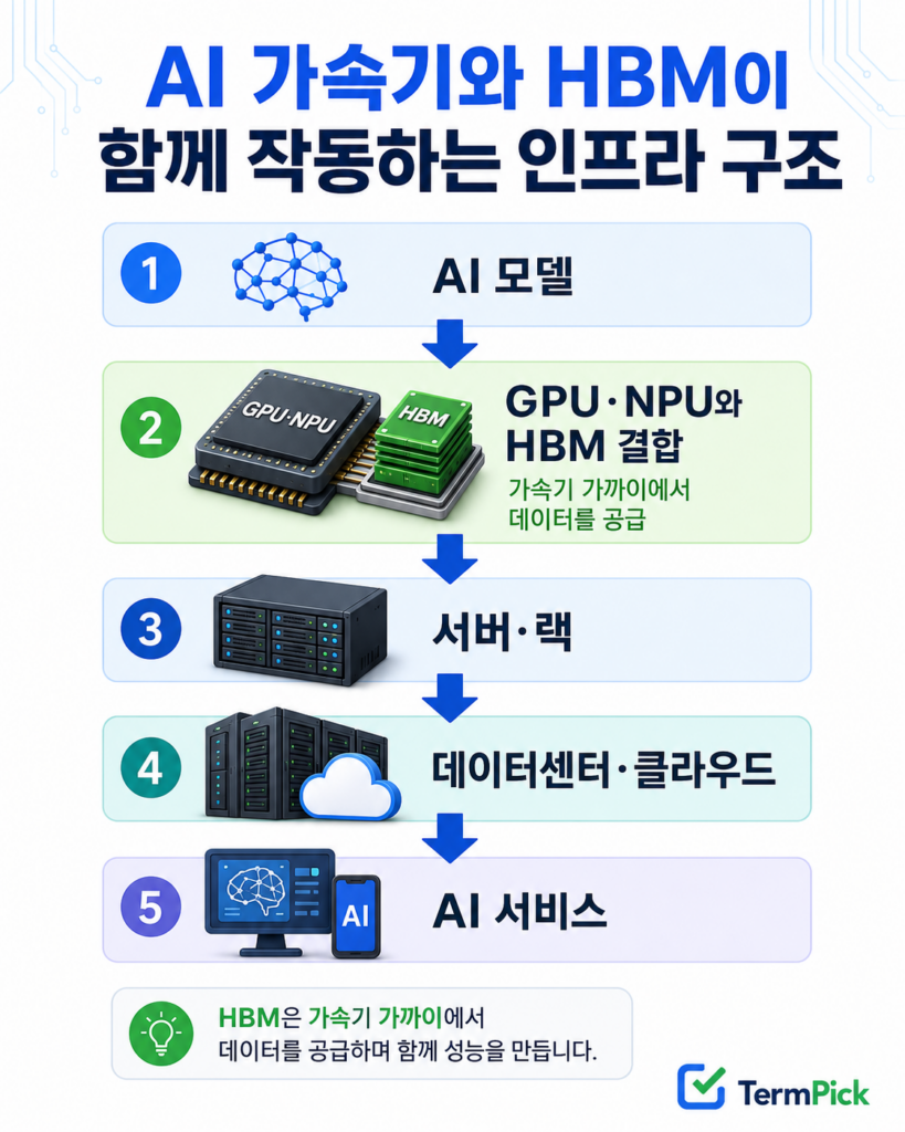 GPU와 NPU 옆에서 HBM이 데이터를 공급하는 AI 서버와 데이터센터 구조