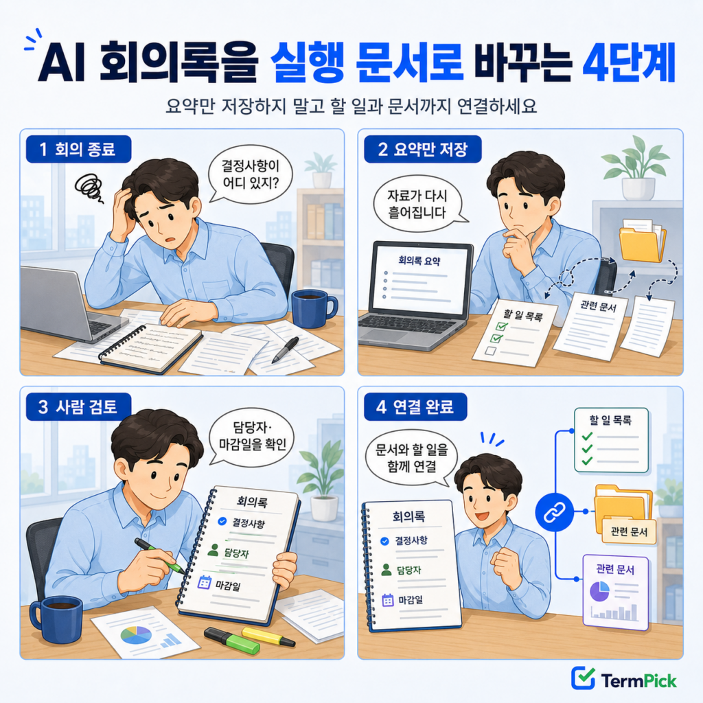 AI 회의록 관리에서 결정사항 담당자 마감일과 관련 문서를 연결하는 4단계