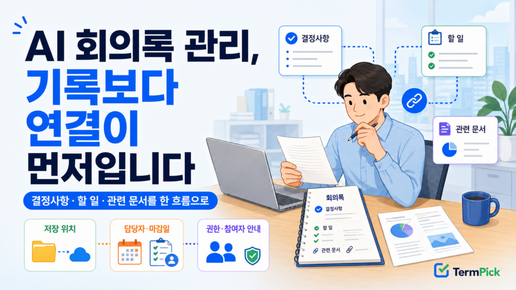 AI 회의록 관리에서 결정사항과 할 일 관련 업무문서를 연결하는 모습