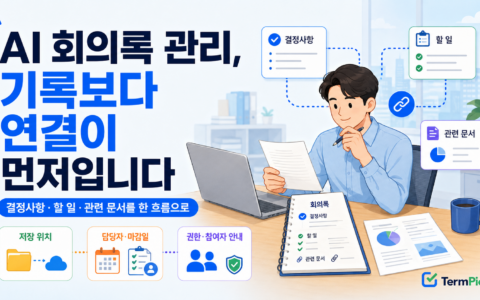 AI 회의록 관리에서 결정사항과 할 일 관련 업무문서를 연결하는 모습