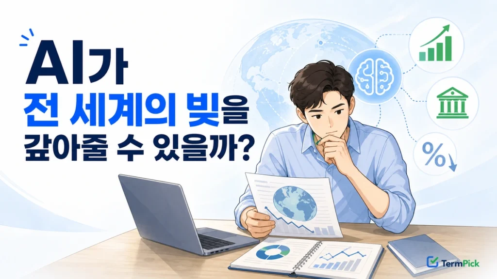 AI와 세계 부채의 관계를 생산성 세수 이자비용으로 비교하는 장면