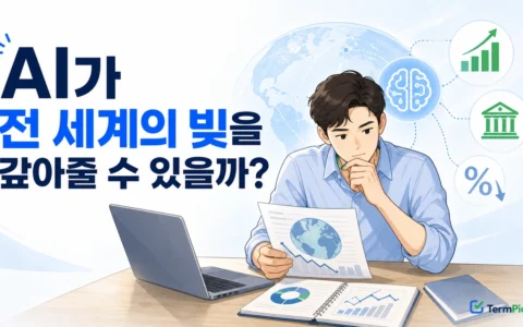 AI와 세계 부채의 관계를 생산성 세수 이자비용으로 비교하는 장면
